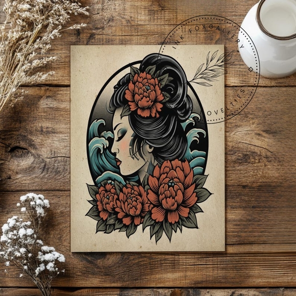 Vintage Tattoo Geisha- Classic Portrait Wall Decor, Japanese Ukiyo-e Wall Art - Picture 5 of 5